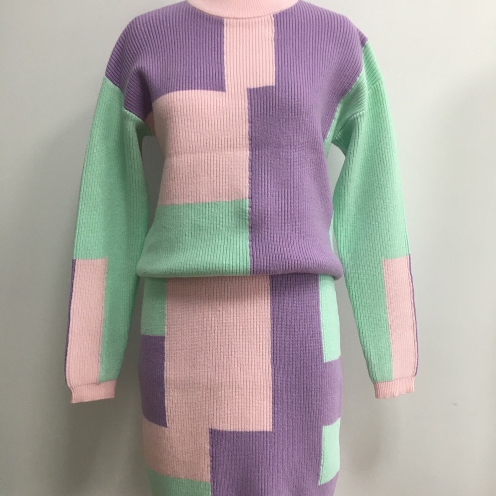 Pink Green colorblock patchwork knit sweater skirt